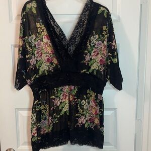 NY Collection Black dark Floral sheer Lace Blouse top SZ XL side zip boho v neck